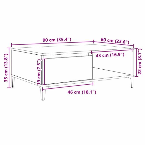 Couchtisch Eiche handwerklich 90 x 60 x 35 cm Holzwerkstoff