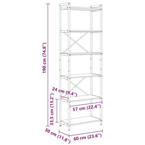 Bücherregal Grau Sonoma 60 x 30 x 188 cm Holz und Stahl