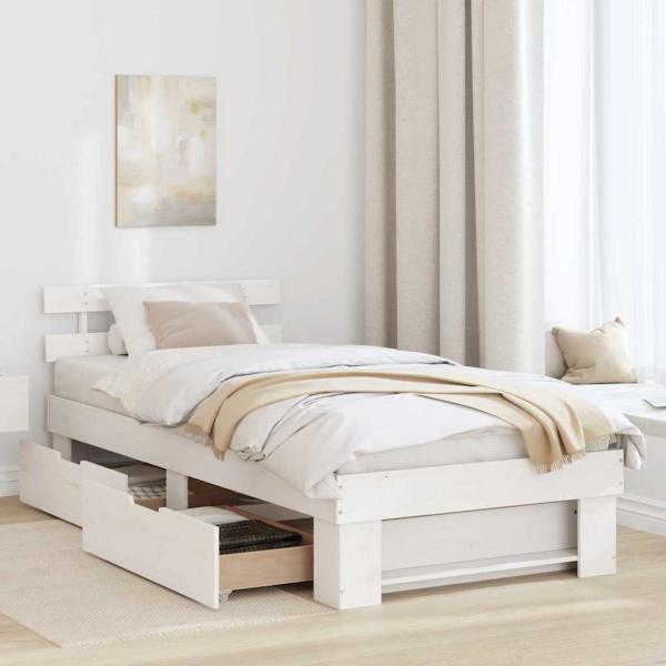 Bettgestell mit Schubladen mit Kopfteil mit Speicher Weiß 90 x 190 cm Kiefernholz
