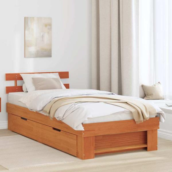 ARDEBO.de - Bettgestell mit Schubladen mit Kopfteil mit Speicher Wachsbraun 90 x 190 cm Massivkiefer