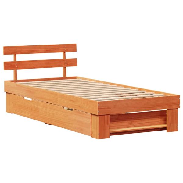 Bettgestell mit Schubladen mit Kopfteil mit Speicher Wachsbraun 90 x 190 cm Massivkiefer