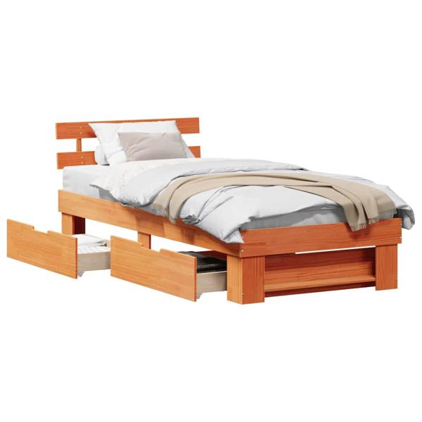 Bettgestell mit Schubladen mit Kopfteil mit Speicher Wachsbraun 90 x 190 cm Massivkiefer