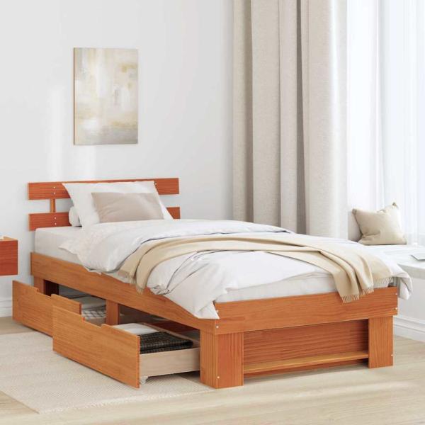 Bettgestell mit Schubladen mit Kopfteil mit Speicher Wachsbraun 90 x 190 cm Massivkiefer