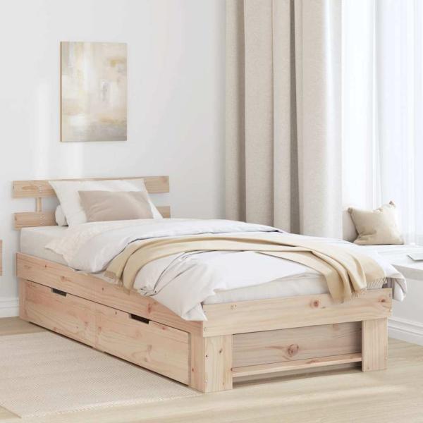ARDEBO.de - Bettgestell mit Schubladen mit Kopfteil mit Speicher Braun 75 x 190 cm Massivkiefer
