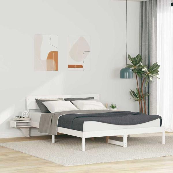 ARDEBO.de - Bettgestell mit Nachttischen mit Kopfteil Weiß 160 x 200 cm