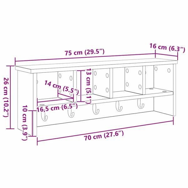 Wandmontierter Kleiderständer mit Regal Altholz 75 x 16 x 26 cm