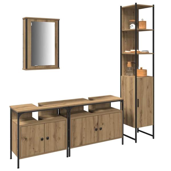 4-teiliges Badezimmermöbel-Set aus Artisan-Eiche, beschichtetem Holz