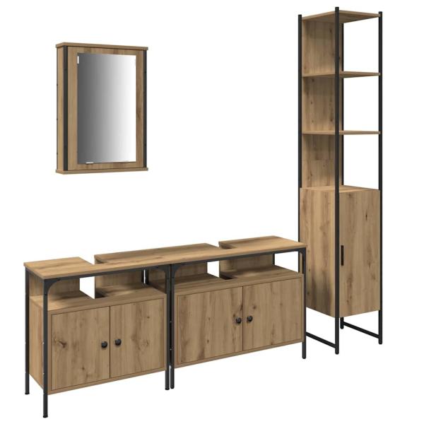 4-teiliges Badezimmermöbel-Set aus Artisan-Eiche, beschichtetem Holz