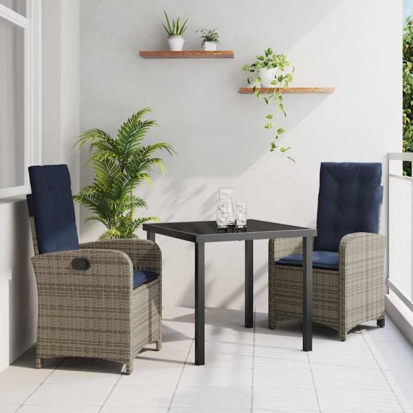 ARDEBO.de - 3-teiliges Esszimmer-Set für den Garten mit Kissen - Graues Poly-Rattan