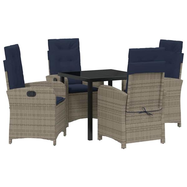 ARDEBO.de - 5-teiliges Gartentisch-Set mit grauen Kissen aus Poly-Rattan.