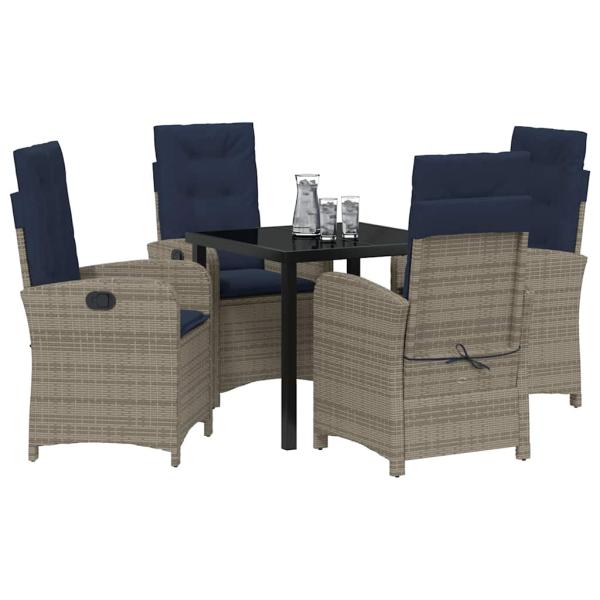 5-teiliges Gartentisch-Set mit grauen Kissen aus Poly-Rattan.