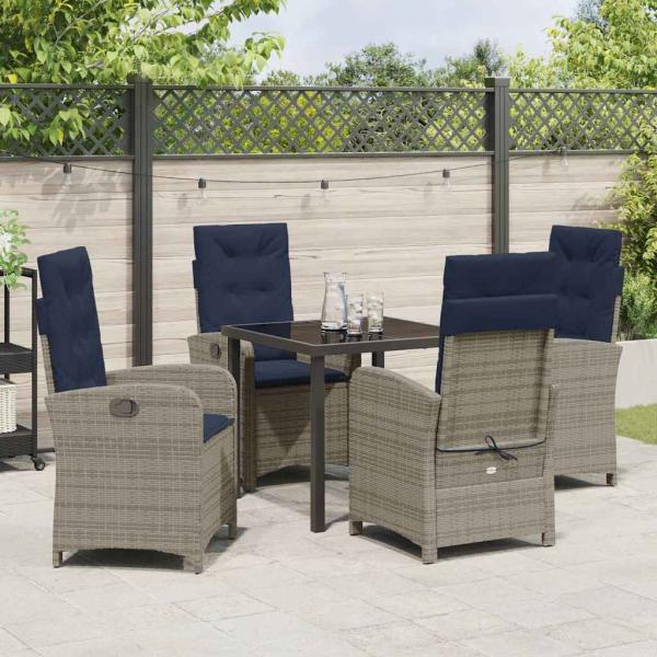 5-teiliges Gartentisch-Set mit grauen Kissen aus Poly-Rattan.