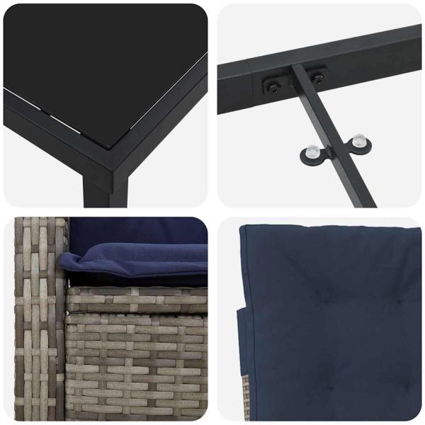 5-teiliges Gartentisch-Set mit grauen Kissen aus Poly-Rattan.