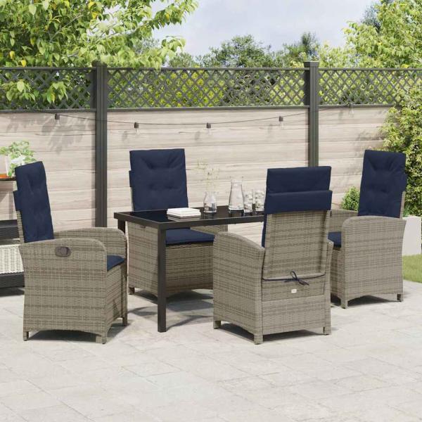 5-teiliges Garten-Esszimmer-Set mit Kissen aus grauem Poly Rattan