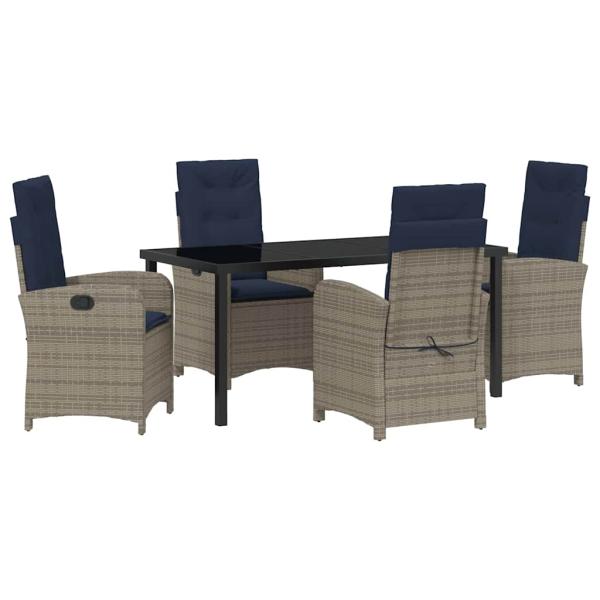 5-teiliges Garten-Esszimmer-Set mit Kissen aus grauem Poly-Rattan.