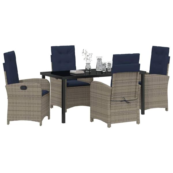 5-teiliges Garten-Esszimmer-Set mit Kissen aus grauem Poly-Rattan.