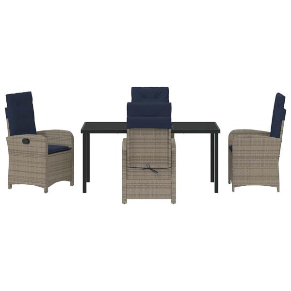 5-teiliges Garten-Esszimmer-Set mit Kissen aus grauem Poly-Rattan.