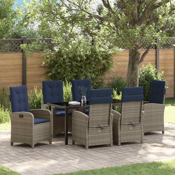 ARDEBO.de - 7-teiliges Garten-Esszimmer-Set aus grauem Poly-Rattan mit Kissen