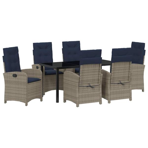 7-teiliges Garten-Esszimmer-Set aus grauem Poly-Rattan mit Kissen