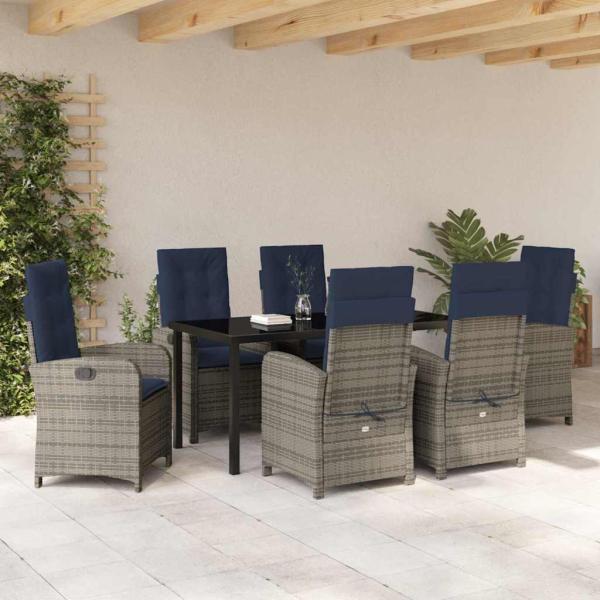 7-teiliges Garten-Esszimmer-Set aus grauem Poly-Rattan mit Kissen