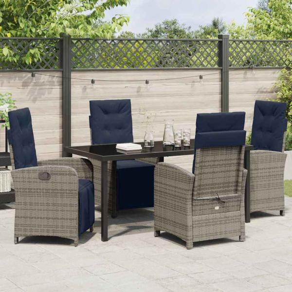 5-teiliges Garten-Ess-Set in Grau aus Poly-Rattan