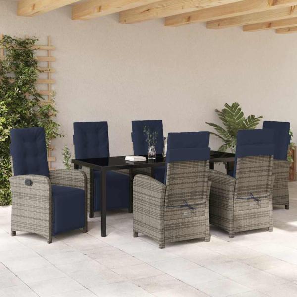 7-teiliges Garten-Essset aus grauem Poly Rattan