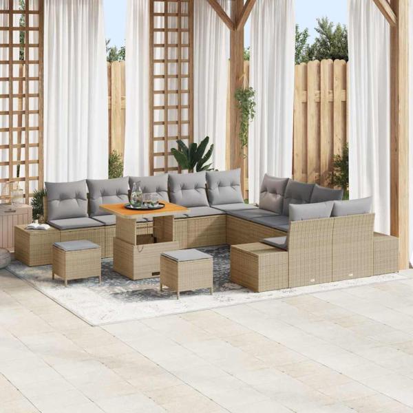 ARDEBO.de - 13-tlg. Garten-Sofagarnitur mit Kissen Beige Poly Rattan Akazie