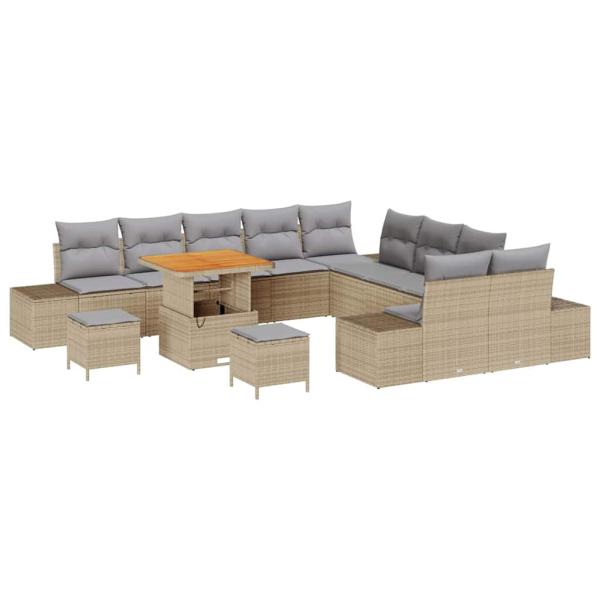 13-tlg. Garten-Sofagarnitur mit Kissen Beige Poly Rattan Akazie