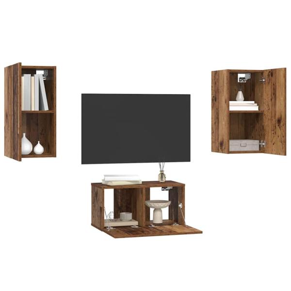 TV-Schrank-Set mit Regal Wandmontiert mit Speicher mit Tür 3 pcs Altholz 60 x 30 x 30 cm
