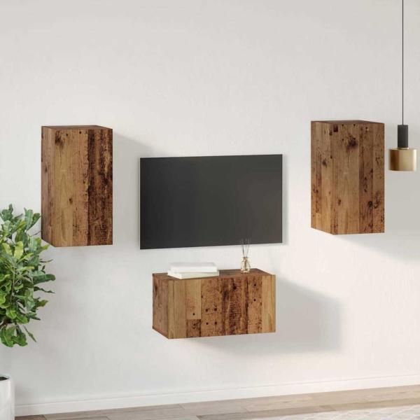 TV-Schrank-Set mit Regal Wandmontiert mit Speicher mit Tür 3 pcs Altholz 60 x 30 x 30 cm