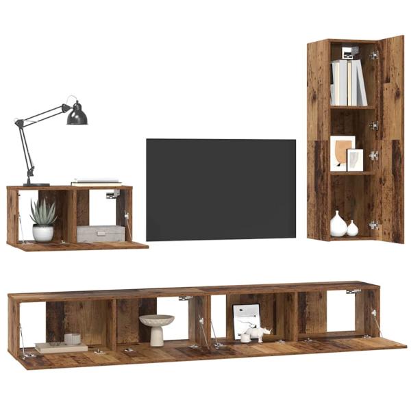 TV-Schrank Set mit Regal Wandmontiert Sonstiges mit Speicher mit Tür 4 pcs Altholz Mittel Holzwerkstoff