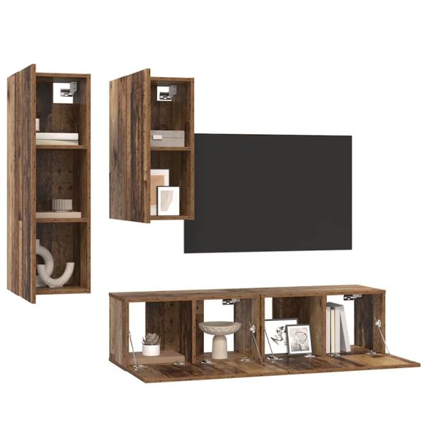 TV-Schrank-Set mit Regal Wandmontiert mit Speicher mit Tür 4 pcs Altholz 30,5 x 30 x 90 cm