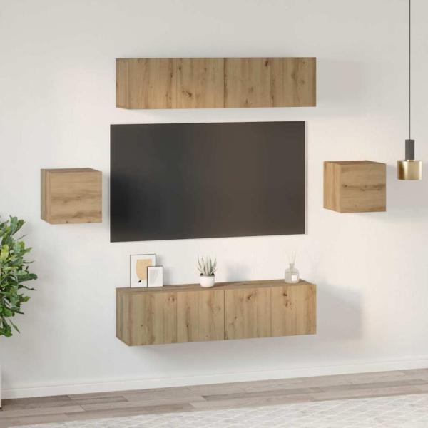 TV-Schrank-Set Wandmontiert mit Speicher mit Tür 6 pcs Eiche handwerklich