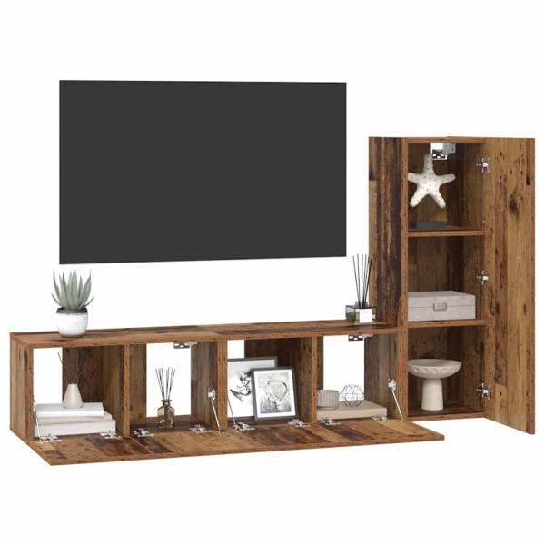 TV-Schrank-Set mit Regal Wandmontiert mit Speicher mit Tür 3 pcs Altholz 150,5 x 30 x 90 cm
