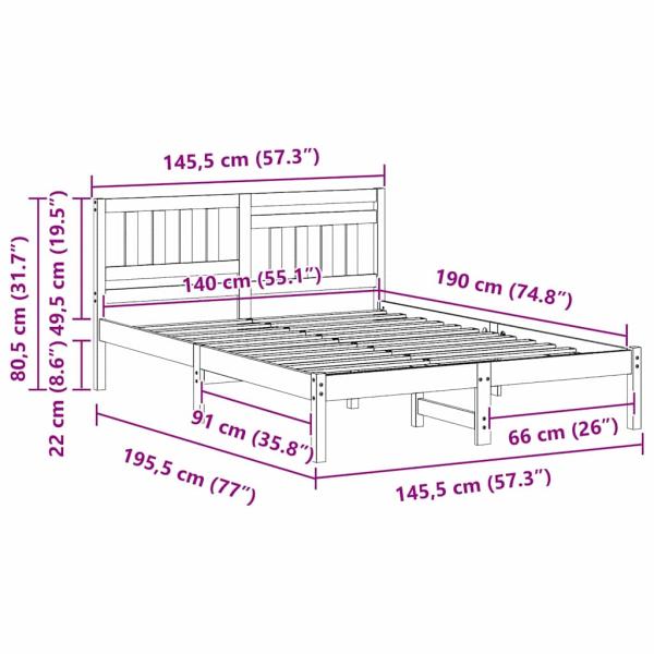 Bettgestell mit Kopfteil Wachsbraun 140 x 190 cm Massivkiefer