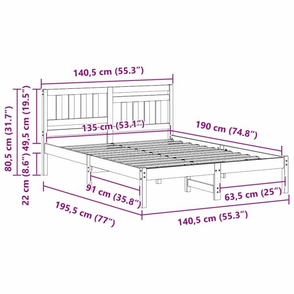 Bettgestell mit Kopfteil Wachsbraun 135 x 190 cm Massivkiefer