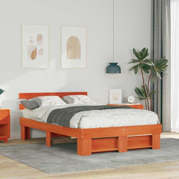 ARDEBO.de - Bettgestell mit Kopfteil Wachsbraun 135 x 190 cm Massivkiefer