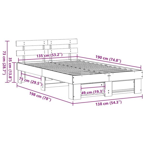 Bettgestell mit Kopfteil Wachsbraun 135 x 190 cm Massivkiefer