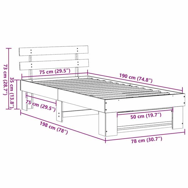 Bettgestell mit Kopfteil Wachsbraun 75 x 190 cm Kiefernholz
