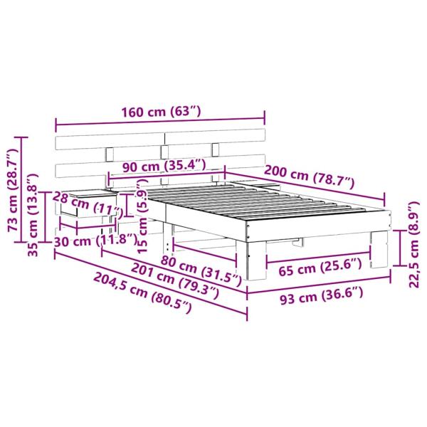 Bettgestell mit Schubladen mit Kopfteil Weiß 90 x 200 cm Massivkiefer