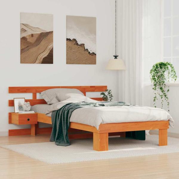 ARDEBO.de - Bettgestell mit Schubladen mit Kopfteil Wachsbraun 90 x 190 cm Massivkiefer