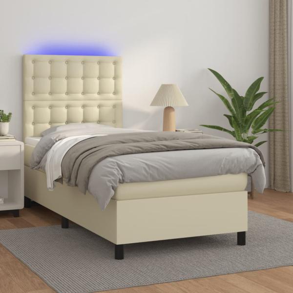 ARDEBO.de - Boxspringbett mit Matratze & LED Creme 100x200 cm Kunstleder