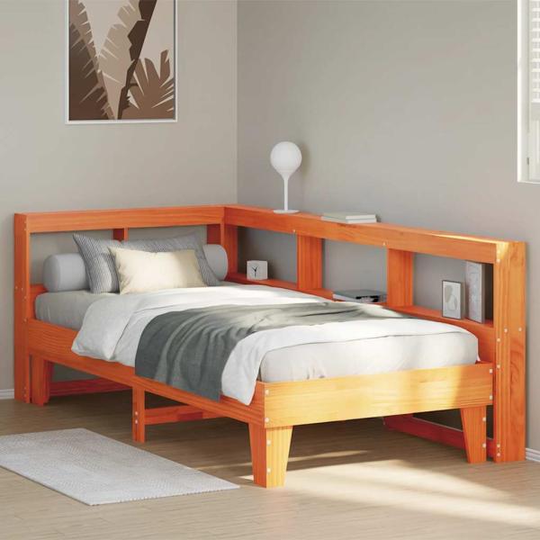 Massivholzbett mit Regal ohne Matratze Wachsbraun 90x200 cm