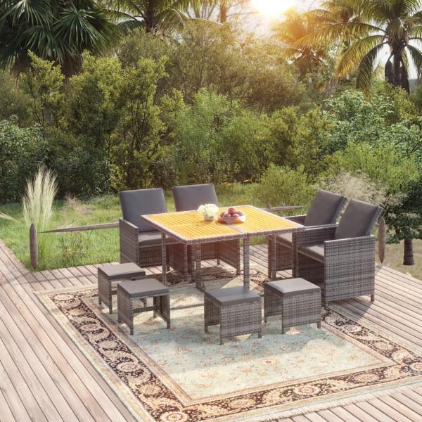 ARDEBO.de - 9-tlg. Garten-Essgruppe mit Kissen Poly Rattan Grau