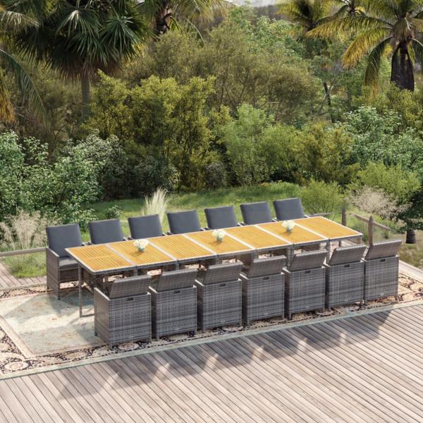 ARDEBO.de - 15-tlg. Garten-Essgruppe mit Kissen Grau Poly Rattan