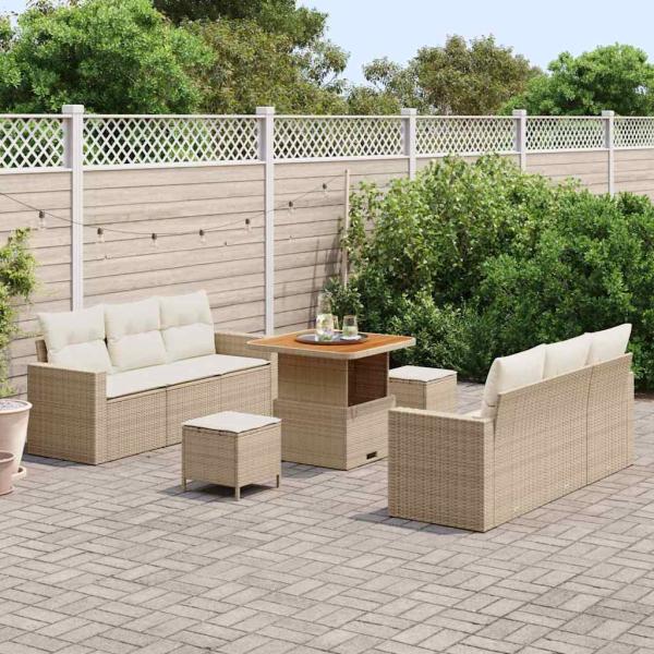 9-teiliges Garten Sofa Set mit Kissen Beige Poly Rattan Akazie