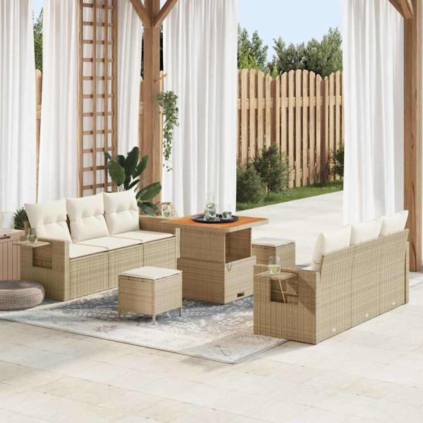 ARDEBO.de - 9-teiliges Garten Sofa Set mit Kissen Beige Poly Rattan Akazie