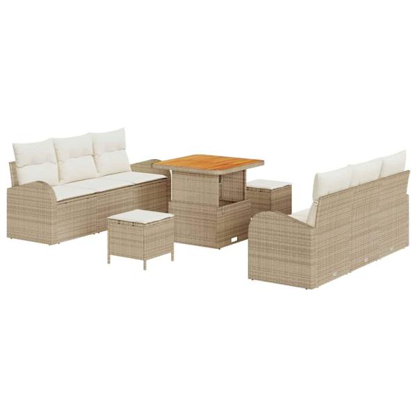 9-teiliges Garten Sofa Set mit Kissen Beige Poly Rattan Akazie
