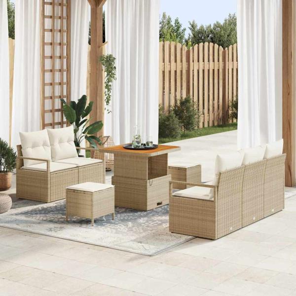 ARDEBO.de - 8-teiliges Garten Sofa Set mit Kissen Beige Poly Rattan Akazie