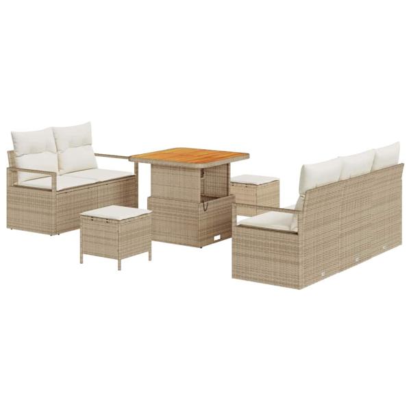 8-teiliges Garten Sofa Set mit Kissen Beige Poly Rattan Akazie